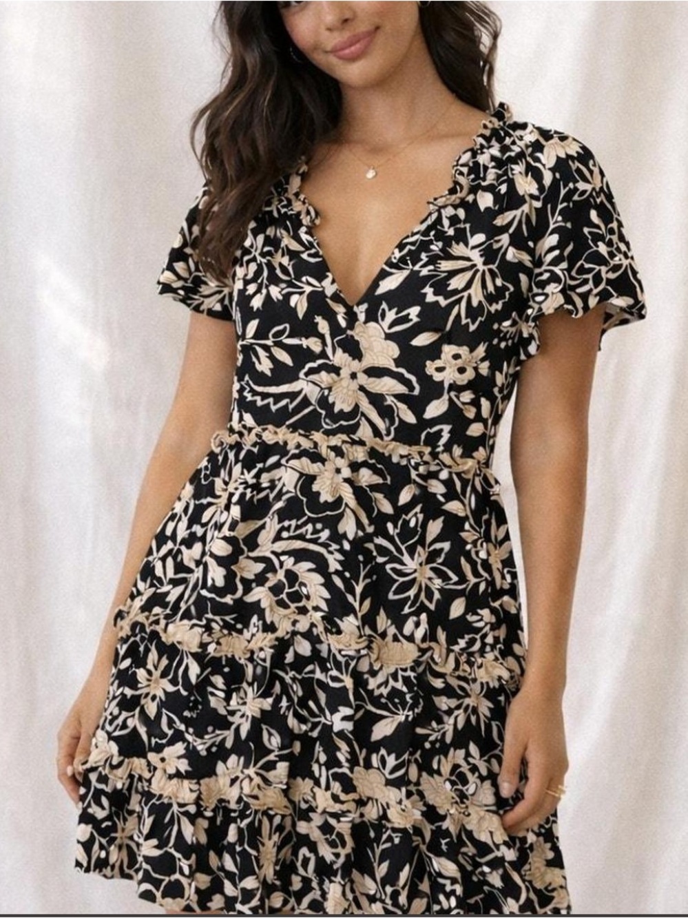 By Anthropologie Robin Tiered Mini Dress Black Beige Floral
